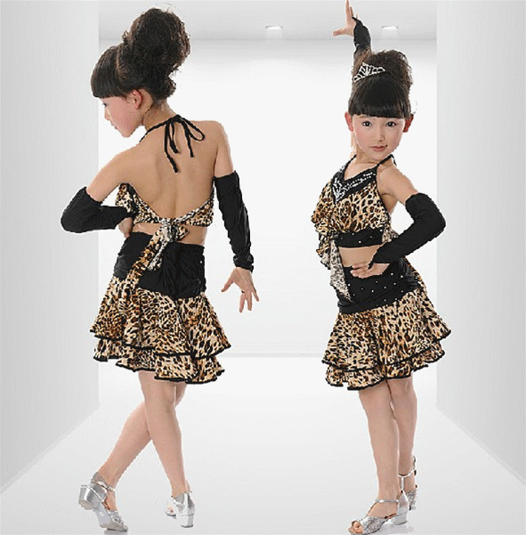 少儿拉丁舞练功服女童拉丁舞三件套豹纹舞蹈练功套装儿童表演服装