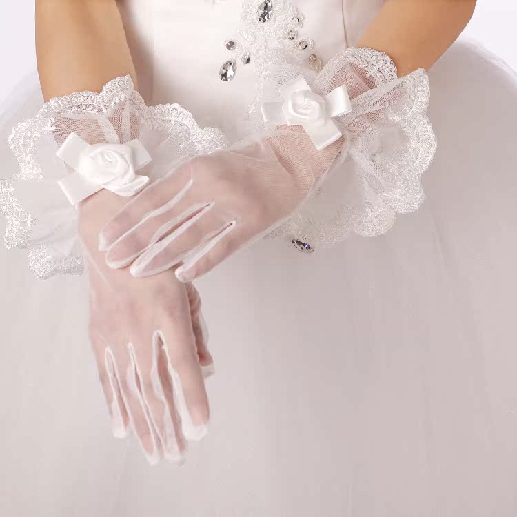 2016新款 新娘婚纱手套礼服手套缎面有指手套