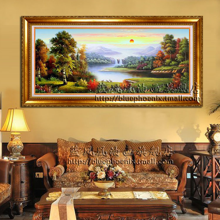 纯手绘装饰有框画 现代欧式客厅大厅山水风景油画 三只小鹿聚宝盆