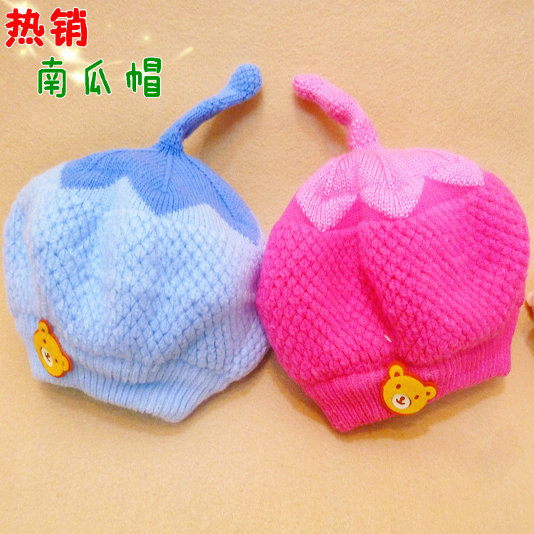 韩版婴儿帽 宝宝可爱毛线帽子 圆顶南瓜套头帽 婴儿保暖帽秋冬帽