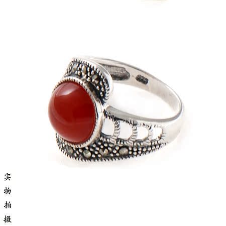 【爱然】泰银戒指女食指装饰戒指复古银戒指红玛瑙戒指