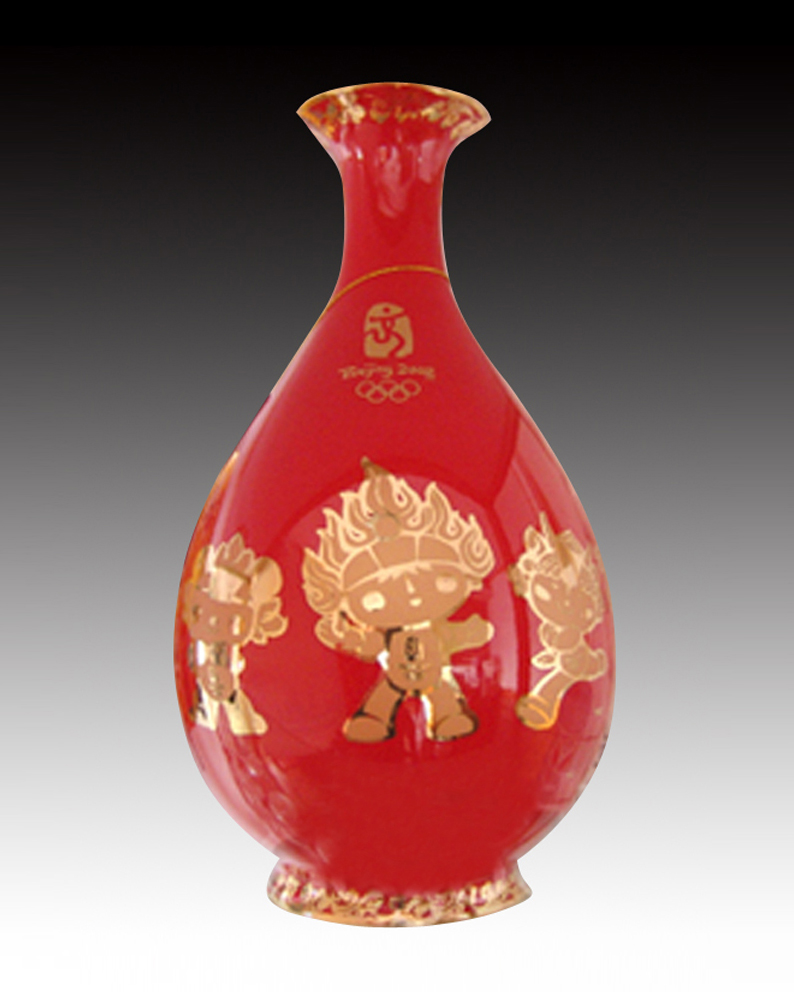红官窑瓷器奥运五福迎春红瓷花瓶 全球限量发行20000个 特价包邮