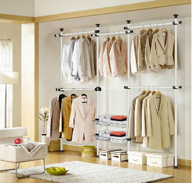 新店促落地室内含网框置物架简易衣橱挂衣架折叠可移动衣帽架衣柜