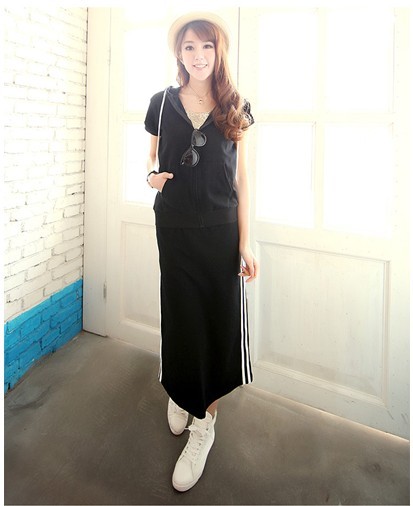 2016女夏季新款韩版修身纯棉休闲长裙连帽短袖卫衣长裙两件套装