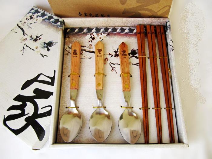 至上美日式幸福之家3人套装红木筷子不锈钢勺子厨房餐饮用品包邮