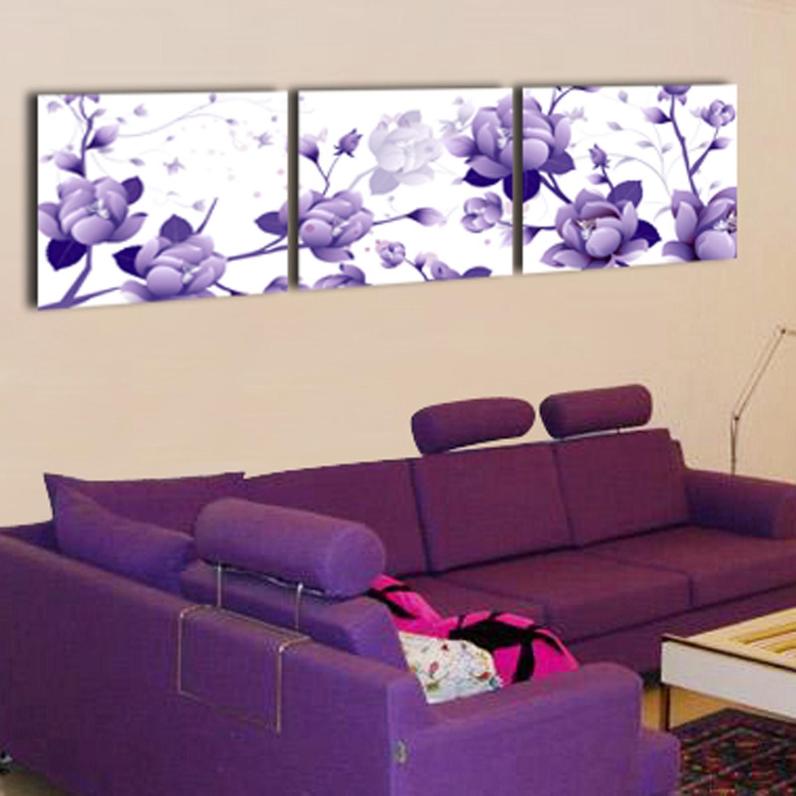 无框画 三联 客厅 卧室挂画 影视墙 背景壁画 油画 花卉 欧式 紫