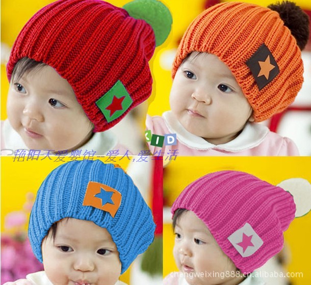 秋冬特价 五星贴标毛线婴幼儿帽子 五角星宝宝针织帽 儿童毛线帽