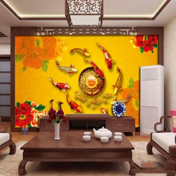 大型壁画环保壁纸中式电视沙发背景墙纸客厅金色牡丹九鱼图油画