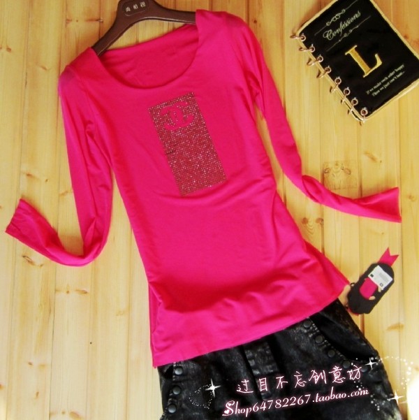 2012春装新品 韩版女装 镶钻 高弹显瘦圆领修身长袖t恤大码打底衫