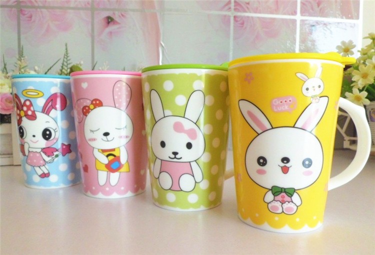 可爱兔子创意陶瓷马克杯塑料盖水杯款式自主品牌外彩1促销特价