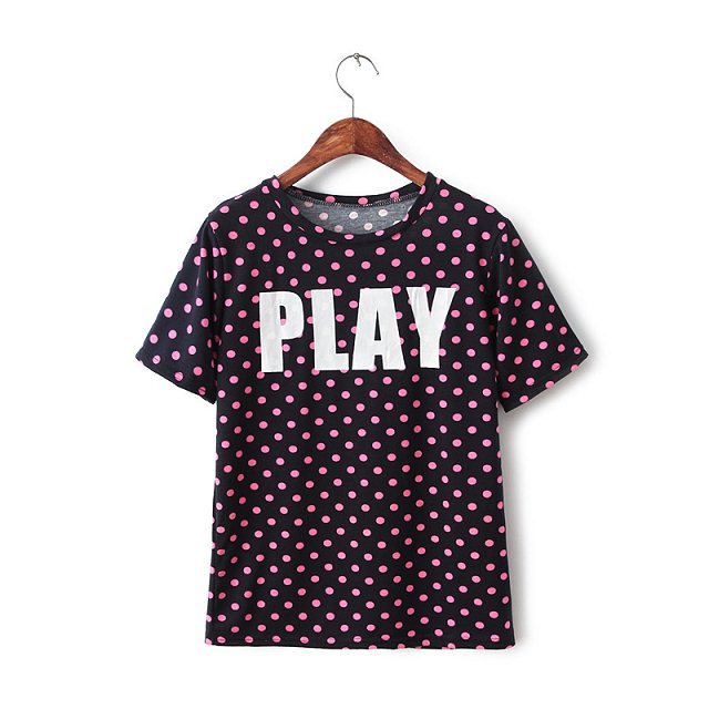 2015夏季新款小清晰日系百搭基本款波点字母印花圆领短袖T恤女装