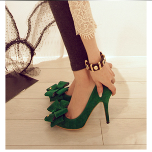 韩国代购2014秋季新品 复古绿色大蝴蝶结 公主尖头高跟低跟女单鞋