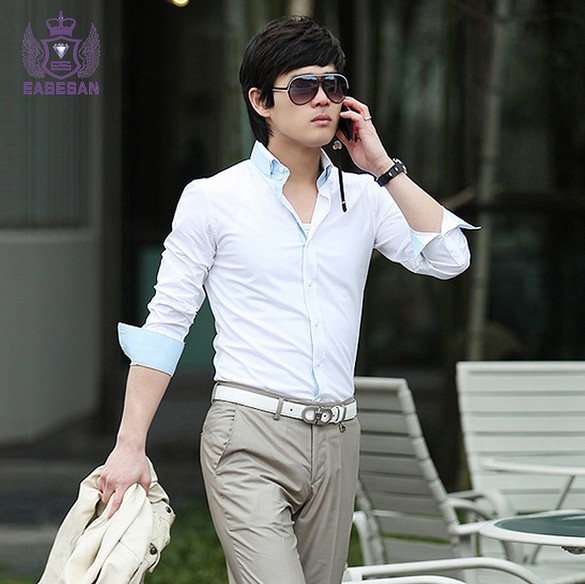 新款韩版修身男士衬衫 商务休闲个性拼接长袖衬衣 潮男装