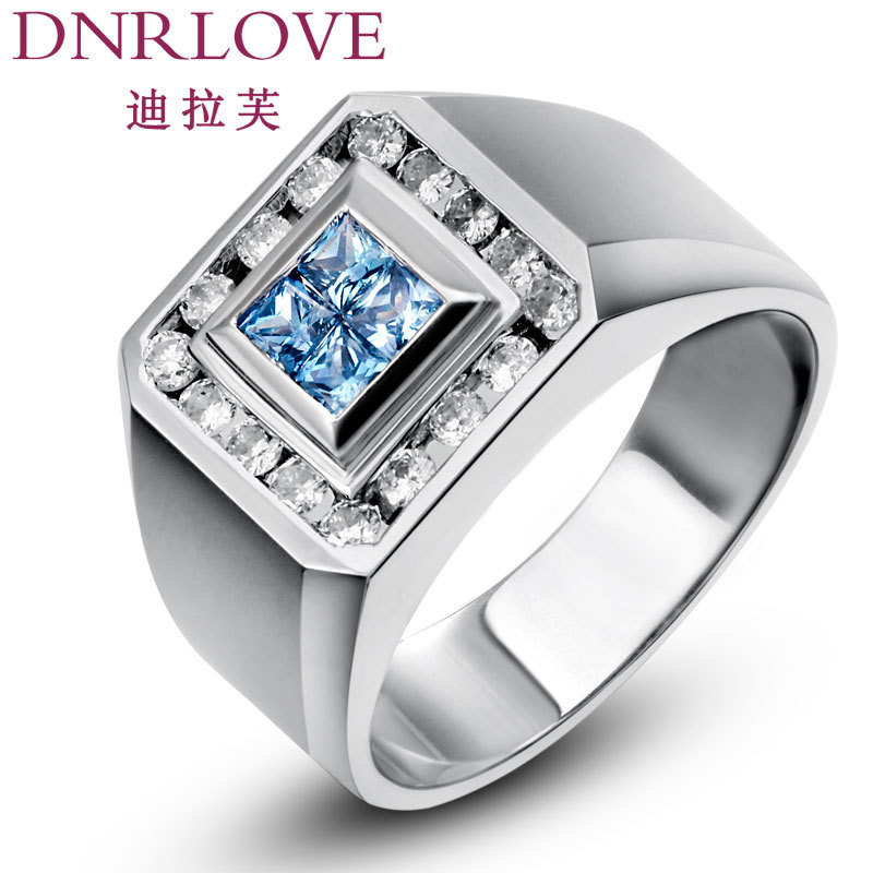 迪拉芙正品 18K白金天然斯里兰卡蓝宝石戒指男款 群镶钻石谢瑞麟