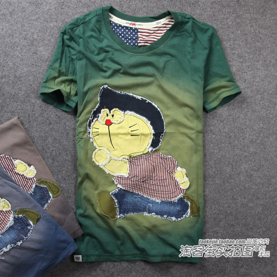 夏装 潮男士动漫卡通 多啦a梦机器猫纯棉 贴布水洗做旧短袖T恤