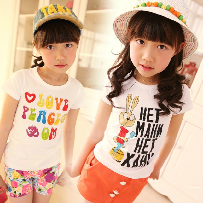大女童 夏装新款 潮韩版闪钻字母兔子短袖t恤 儿童体恤衫上衣