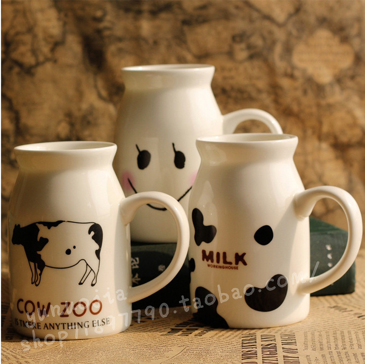 zakka创意可爱牛奶情侣杯 马克杯白色简约咖啡杯 奶牛陶瓷早餐杯