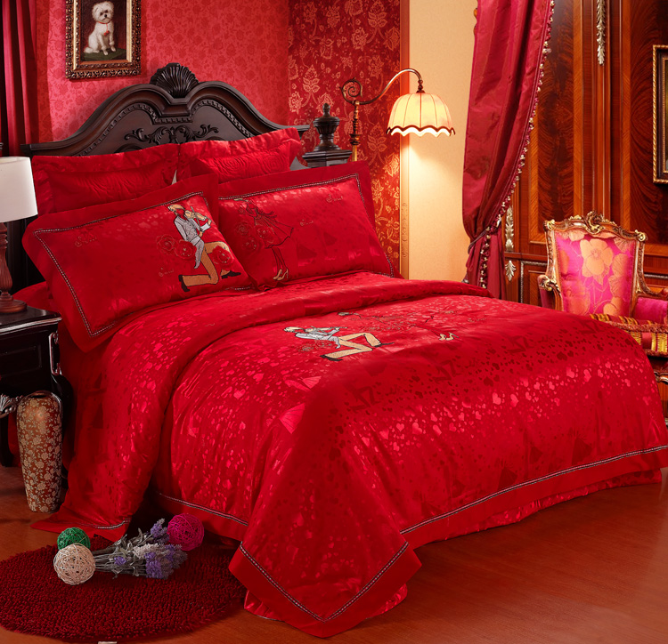 专柜正品婚庆六件套红粉绣花套件全棉床盖婚庆6件套床上用品