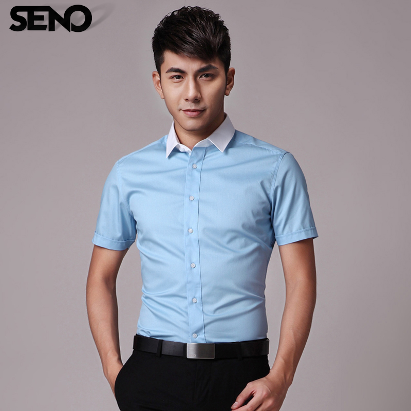 【公爵】seno男士短袖衬衫 时尚休闲蓝色拼接领韩版修身短袖衬衣