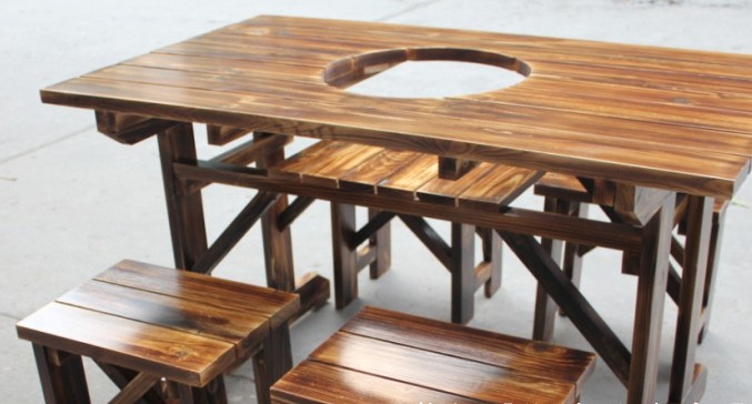 新款特价定制实木火锅桌椅 碳化木餐桌椅组合快餐餐厅火锅店桌椅
