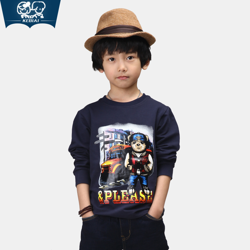 2015可比爱春秋新款男童装 环保小熊印花长袖T恤 韩版儿童上衣