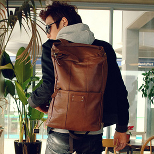 正品精品男包韩版背包潮流双肩包书包HSJ13630pu黑色软面咖啡色