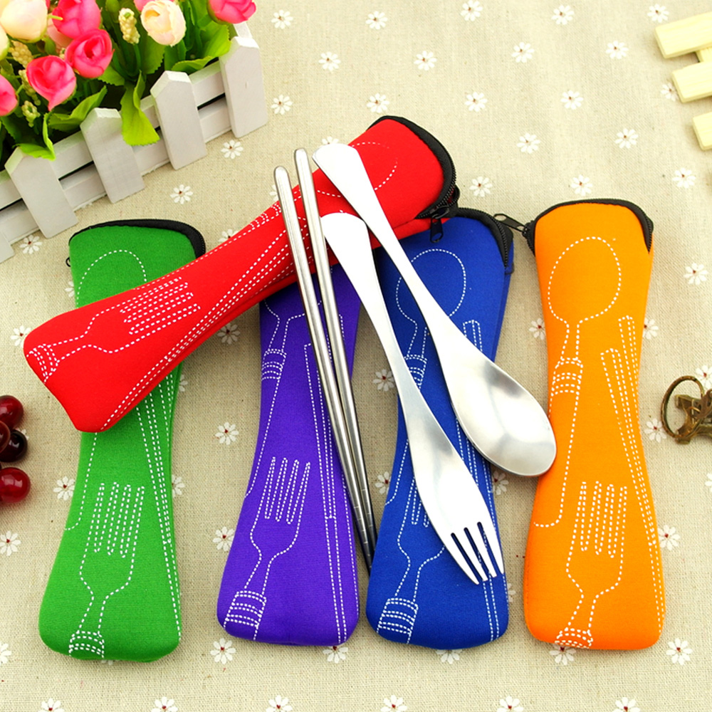 韩式餐具 不锈钢三件套装 筷子 勺子 低碳环保餐具 旅行便携套装