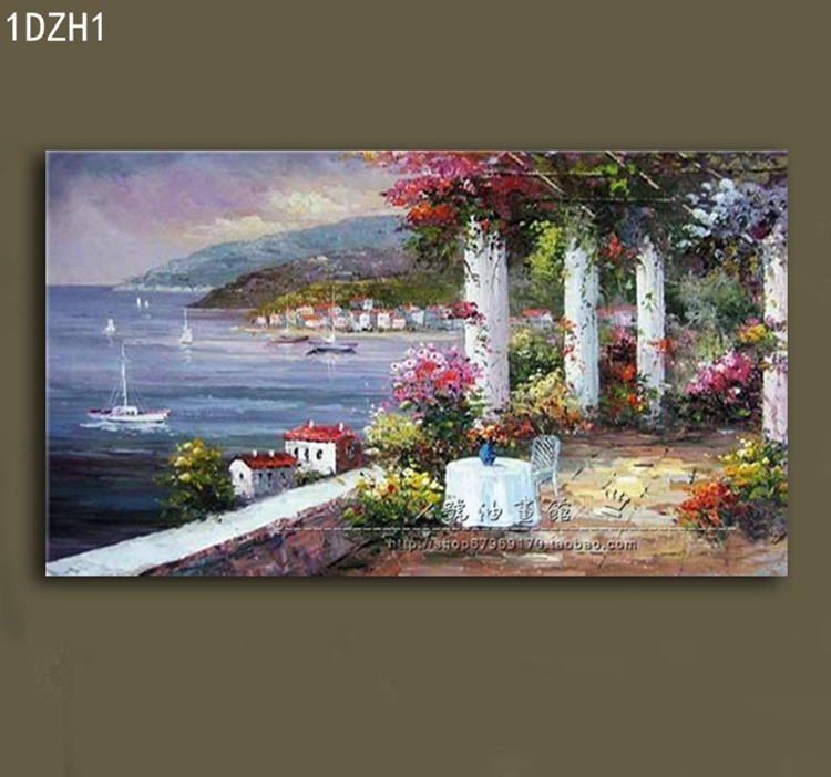 纯手绘油画 地中海油画 无框画客厅卧室现代餐厅装饰画 横单幅