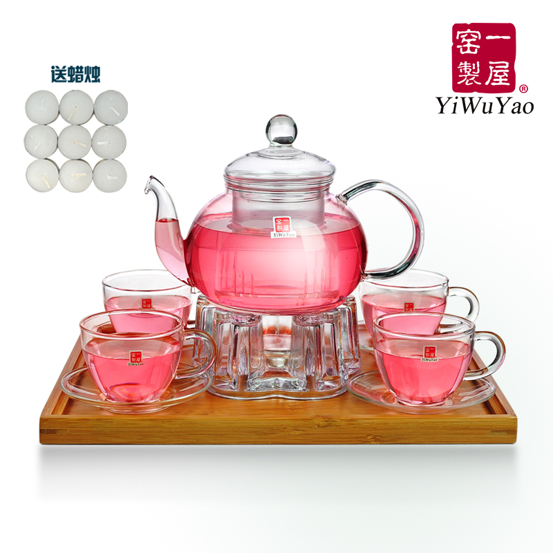 一屋窑耐热玻璃茶具整套过滤透明花茶壶茶杯蜡烛加热底座茶盘套装