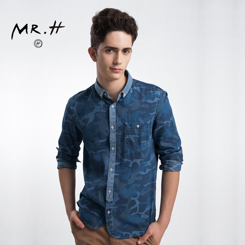 MRH 2015新款秋装复古长袖衬衫 男士韩版修身免烫全棉迷彩衬衣