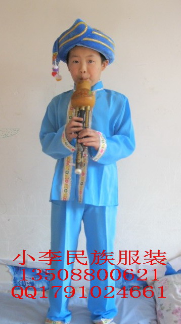 云南少数民族儿童傣族服装/葫芦丝舞台演奏/男孩舞蹈演出服装兰色