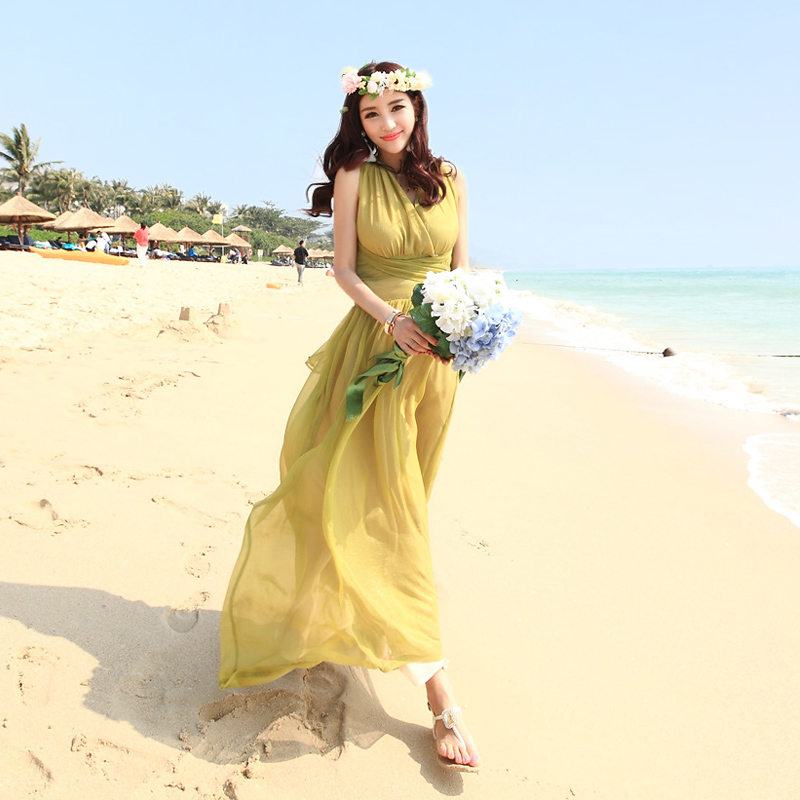 2015夏季新款波西米亚V领露背显瘦连衣裙海边度假沙滩裙长裙 正品