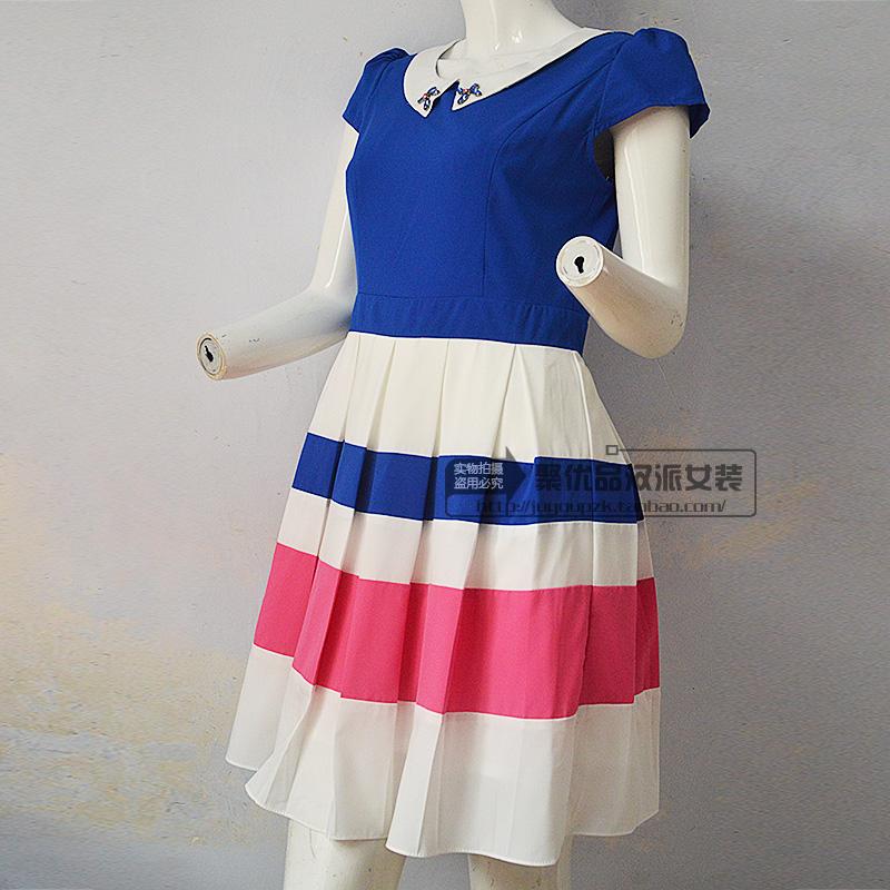 天之娇妹2014夏季新款韩版娃娃领短袖修身撞色拼接连衣裙T14A8072