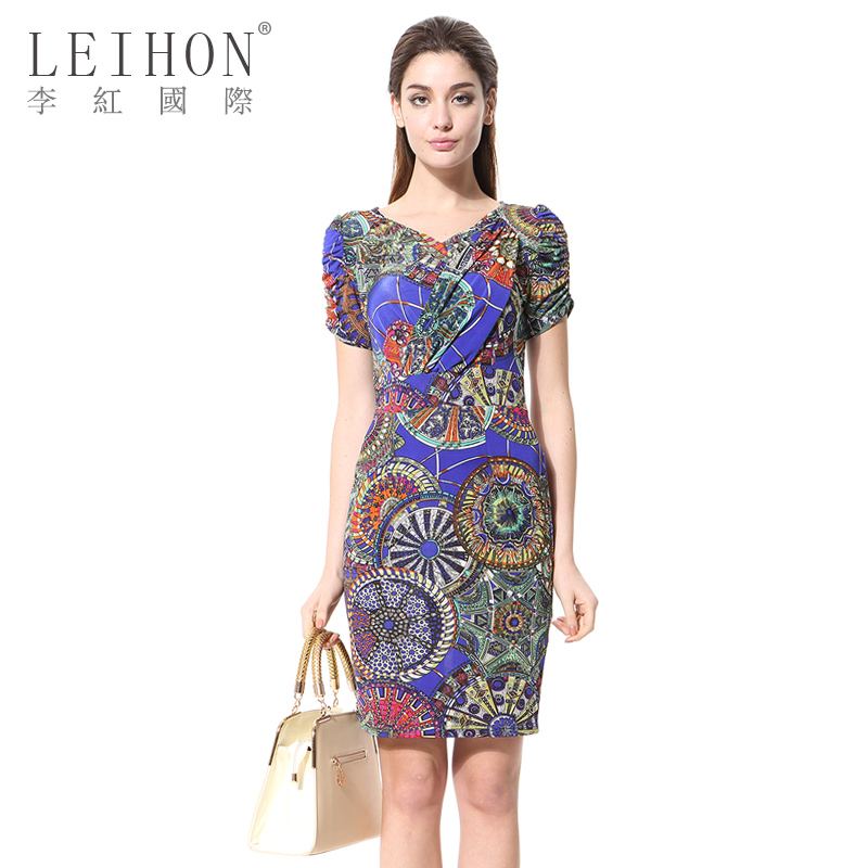 李红国际2015夏装新款商场同款女 短袖显瘦 A字复古连衣裙W36440
