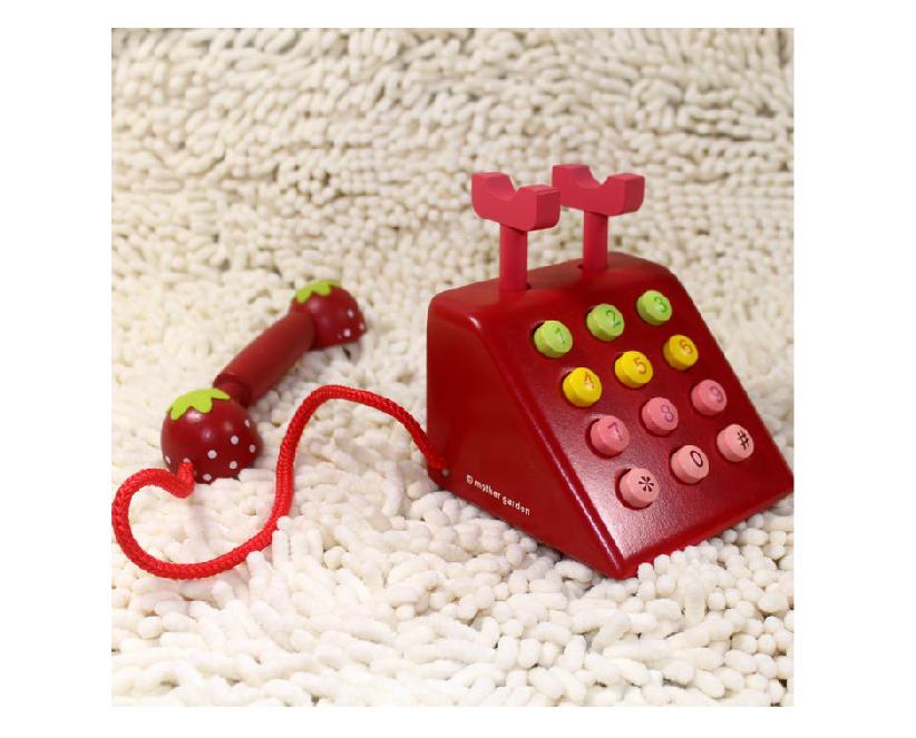 正品mother gardon草莓木制仿真老式电话机 木制儿童认知数字玩具
