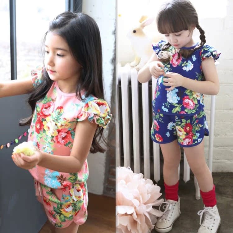 韩国女童装 2015夏款套装新款 儿童纯棉印花家居服短袖T恤+短裤