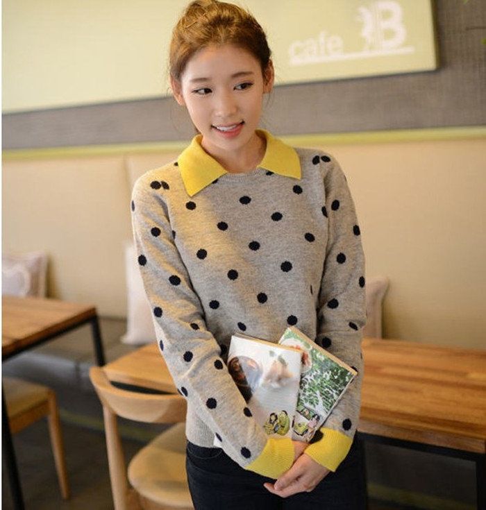 新款韩版女装 百搭波点拼色长袖针织衫打底毛衣