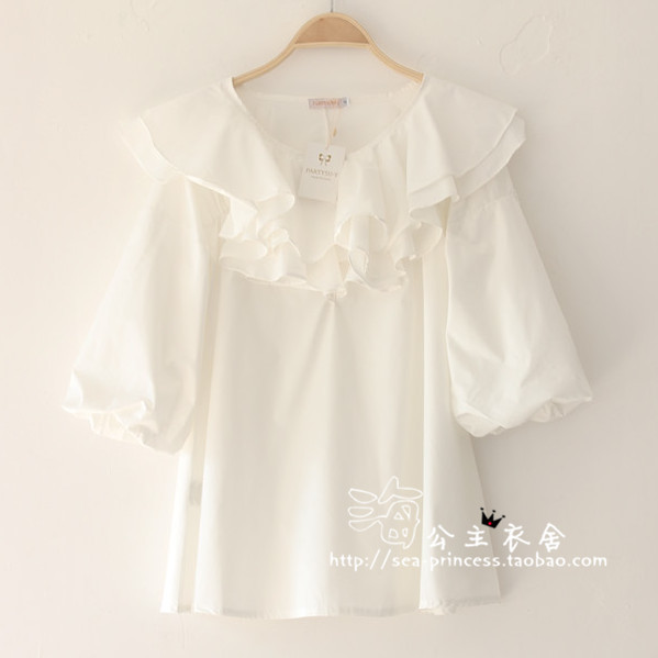 2015春新品韩国版女装中袖长款白色的棉布娃娃宽松衬衣衬罩衫上衣