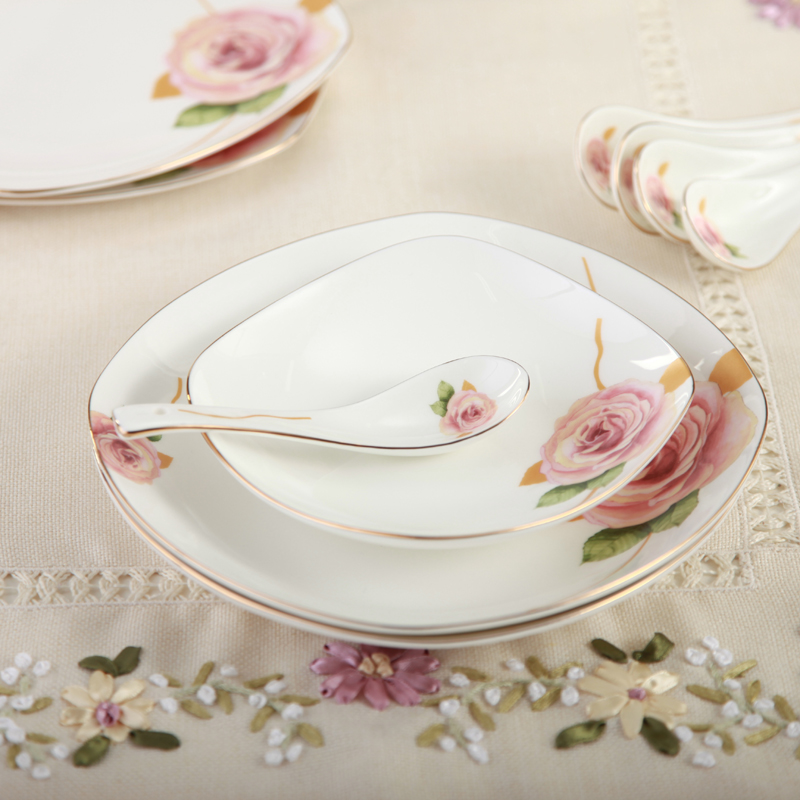 唐山骨瓷餐具 玫瑰系列-6.5英寸|8英寸陶瓷方盘盘子碟子菜盘果盘