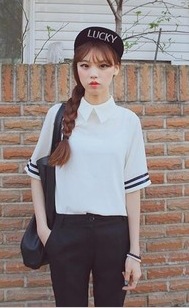 A667韩国 学院风条纹娃娃小领子短袖 雪纺衬衫