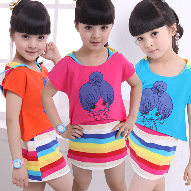 童装 女童2016夏季新款韩版 条纹连衣裙蝙蝠衫套装 儿童两件套