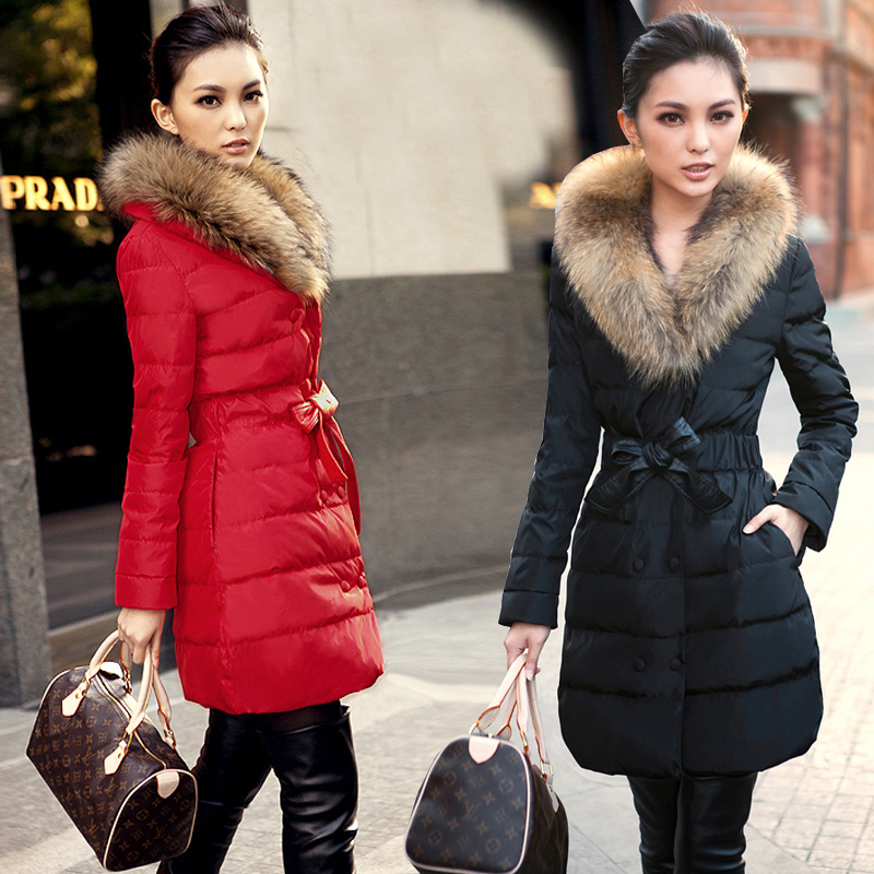 2014冬装新款韩版大毛领 修身中长款女式加厚羽绒服外套女