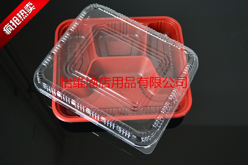 塑料黑红盒/便当盒/一次性饭盒/一次性环保餐盒/高档快餐盒 四格