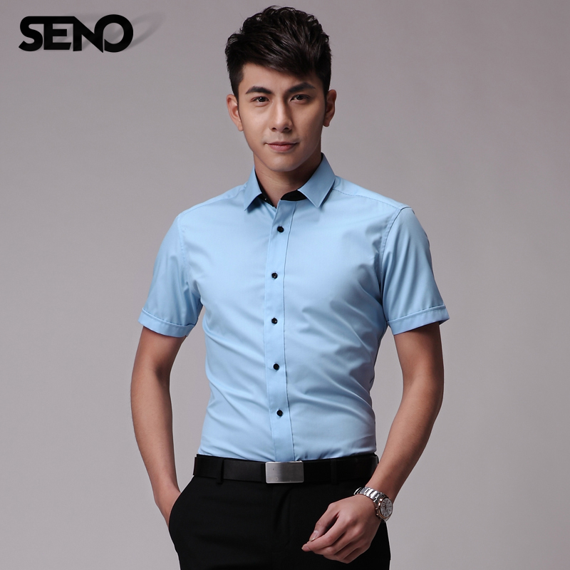 Seno男士短袖衬衫夏季免烫商务短袖衬衫男修身英伦休闲蓝色衬衣潮