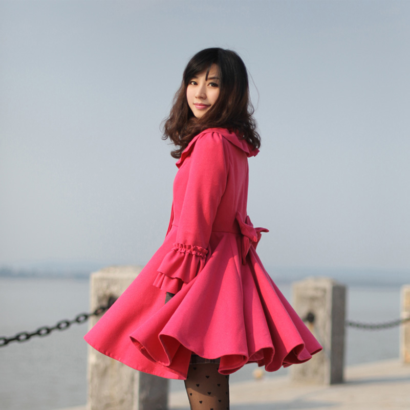 2014新款韩版公主裙摆中长款娃娃领毛呢外套羊绒呢子大衣斗篷女装