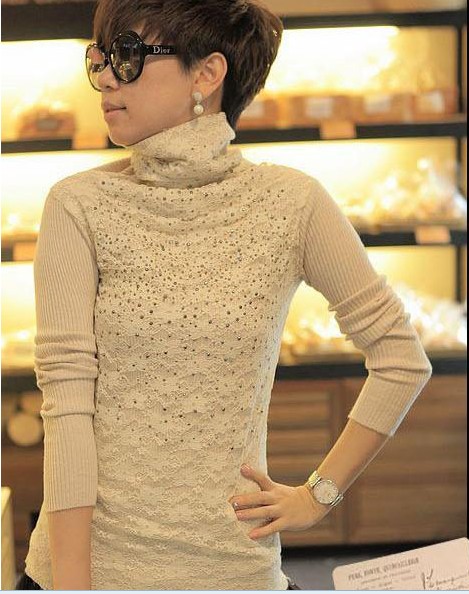 14秋冬新款 韩版女装 镶钻蕾丝双层加厚长袖修身打底衫针织衫毛衣