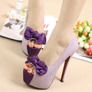 韩版女鞋 优雅性感蝴蝶结超高跟细跟鱼嘴凉鞋紫色杏色34-39码