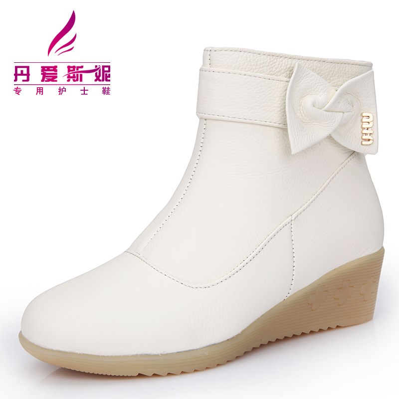丹爱斯妮护士鞋棉鞋冬季白色真皮护士棉鞋坡跟牛筋底女式短棉靴子