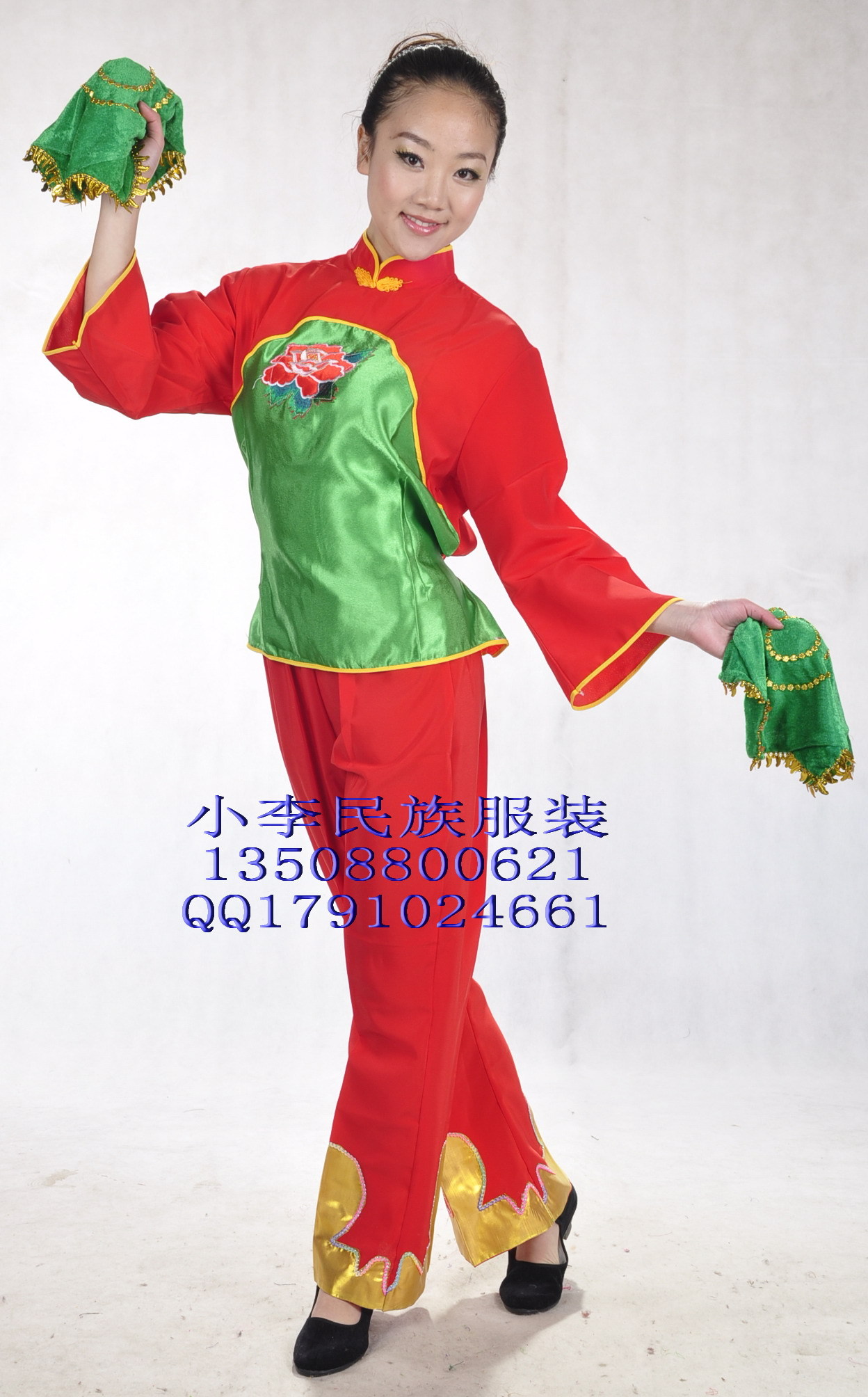 绿胸大牡丹秧歌服/少数民族舞台表演服装/舞蹈演出服装/扇子舞
