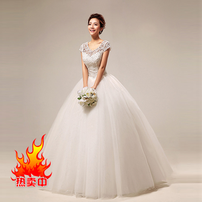 最新款2014 韩版一字肩甜美蕾丝公主性感齐地婚纱